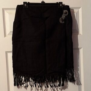 Fringed Black Pencil Skirt with Decorative Side Buckle